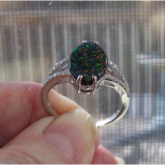 925 Sterling Silver Marquise Lab Created Green Black Opal CZ Ring - Picture 8 of 15